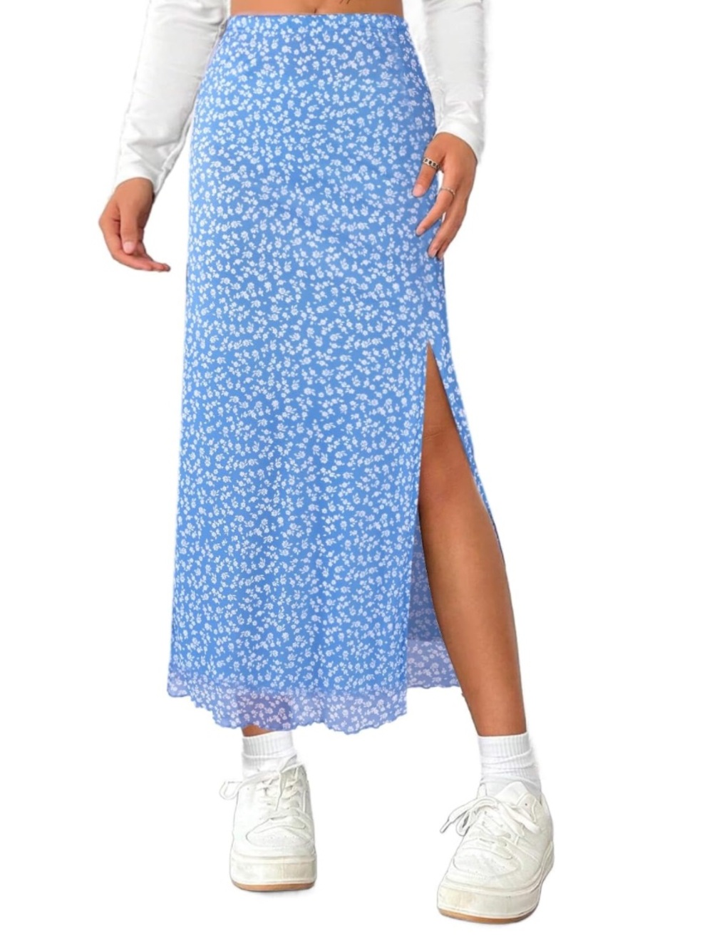 Blue Floral Side-Slit Maxi Skirt